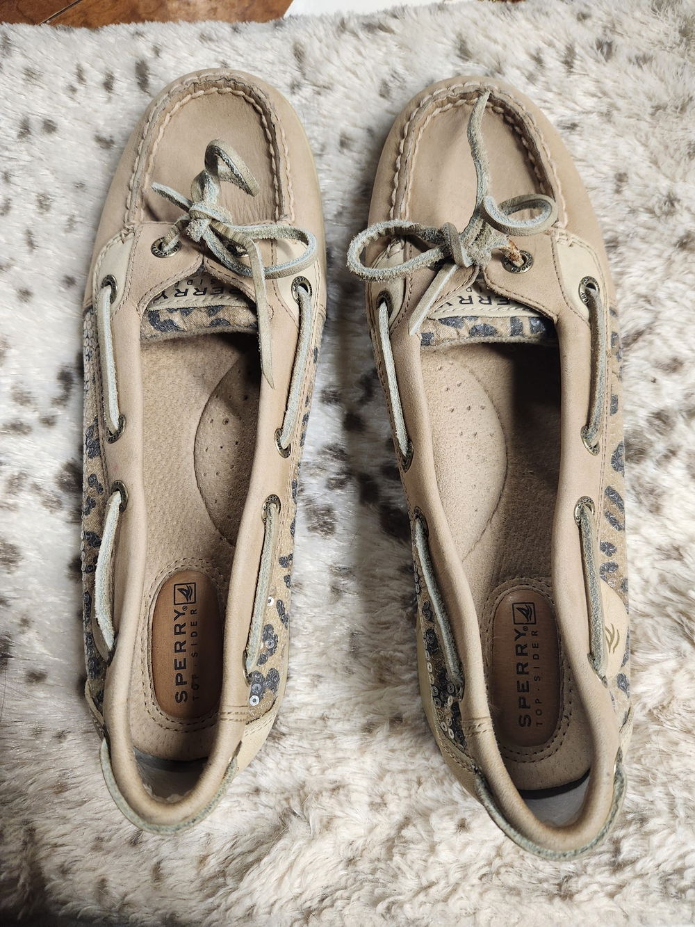 Sperry Women's Beige Boat Moccasins with Leopard Accent